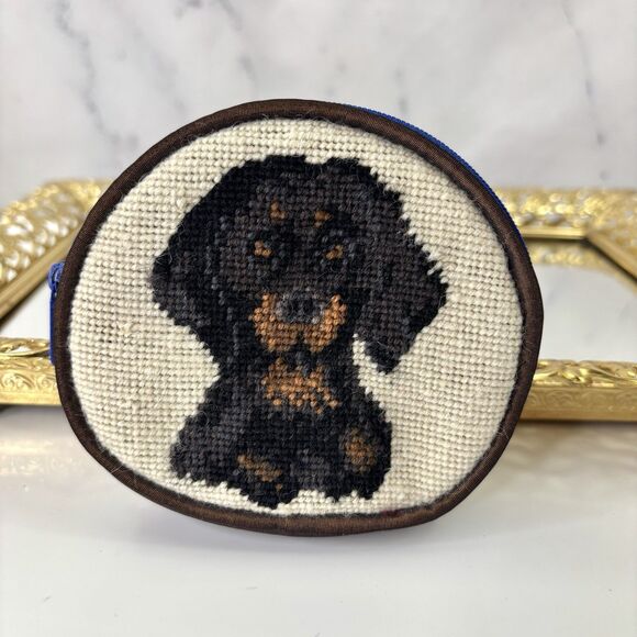 Needlepoint Dachshund Coin Purse Doxie Weiner Dog Bag Motif novelty Blue Black - Picture 10 of 11